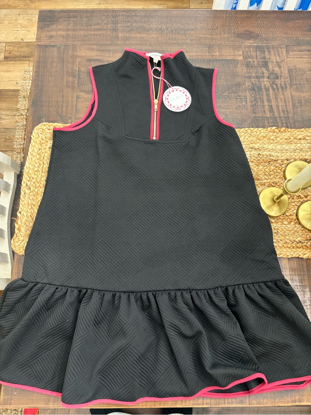 Black Sleeveless Ruffle Hem Dress with burgundy Trim